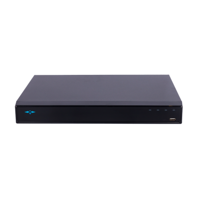 Dispositivo eletrónico preto retangular com porta USB e indicadores LED