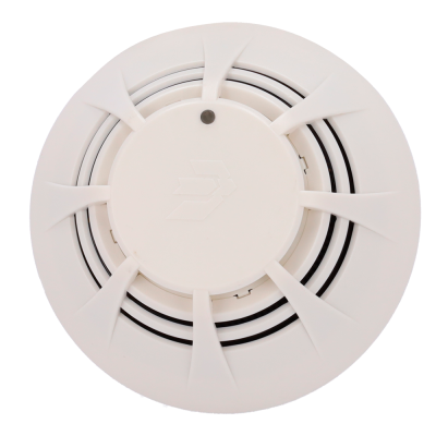 Sensor ou detector de incêndio redondo branco de plástico com grelha circular e LED central