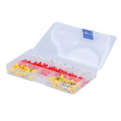 Caixa plástica transparente com terminais elétricos coloridos organizados por compartimentos.