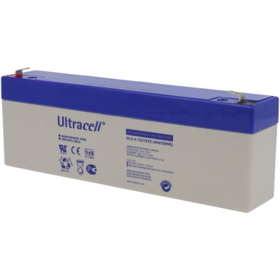 Bateria recarregável Ultracell UL2.4-12 em plástico branco e azul com texto técnico
