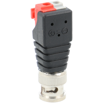 Conector BNC metálico e plástico preto com partes vermelhas e brancas e sinais + -