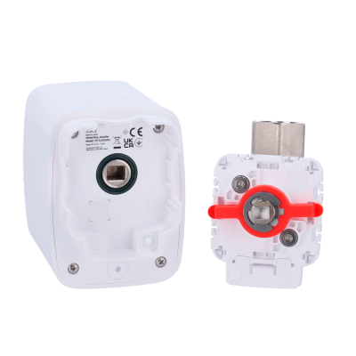 Dispositivo branco desmontado com encaixes e peça metálica e vermelha