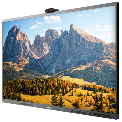 Ecrã plano Hisense com webcam e imagem de montanhas e floresta