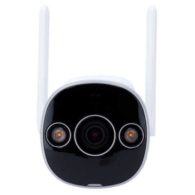 Câmara de vigilância exterior branca com antenas e lente central