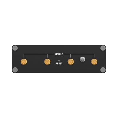 Painel preto com conectores dourados e botão cinza marcado MOBILE e RESET