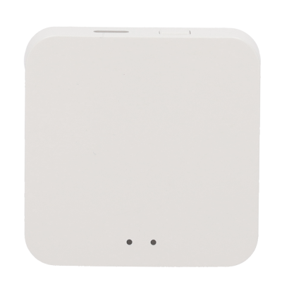 Dispositivo eletrónico quadrado branco com detalhes pretos e ranhuras