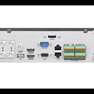 Parte traseira de equipamento eletrónico com diversas portas e tomada de energia