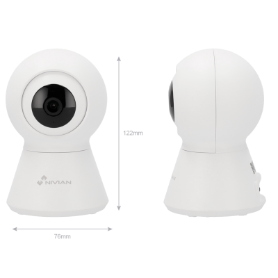 Câmara de videovigilância branca com lente preta e texto NIVIAN