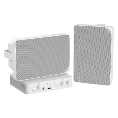 Sistema de som branco com duas colunas e unidade base com botões e porta USB