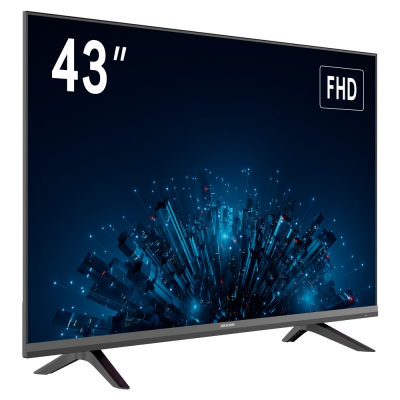 Televisão 43 polegadas com tecnologia FHD e imagem futurista azul