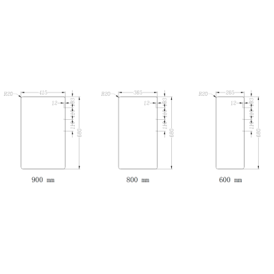 Desenhos técnicos de três painéis retangulares com cantos arredondados e dimensões 900x680 mm, 800x680 mm e 600x680 mm