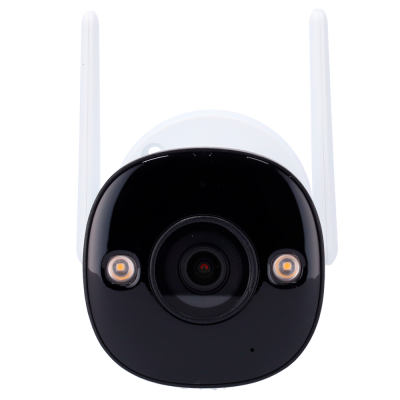 Câmara de vigilância branca com lente preta e duas luzes LED