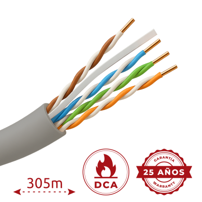 Cabo elétrico com pares torcidos e indicação de 305m, selo DCA e garantia de 25 años