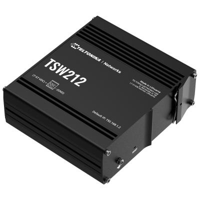 Equipamento eletrónico preto ELTONIKA TSW212 com texto impresso e estrutura metálica