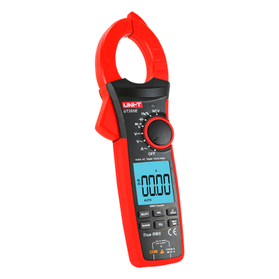Medidor digital de pinça preto e vermelho com ecrã LCD azul