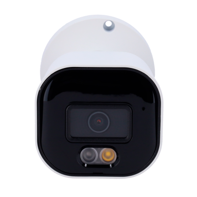 Câmara de segurança branca com lente e sensores