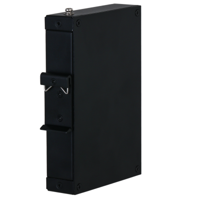 Caixa eletrónica preta retangular com suporte metálico e parafusos visíveis