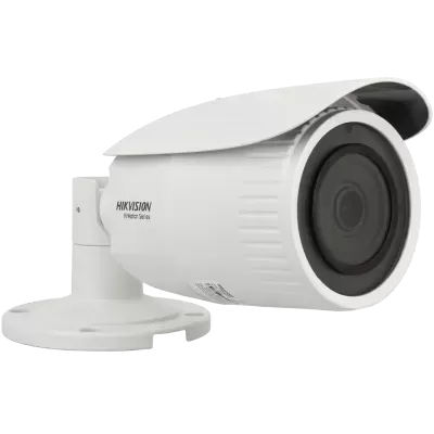 Câmara de vigilância branca Hikvision HiWatch Series com lente preta.
