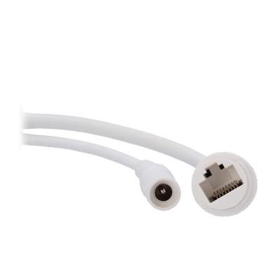 Cabo branco com conector DC macho e conector RJ45 fêmea
