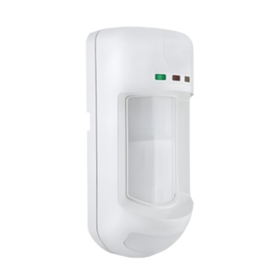 Sensor de movimento branco com indicadores verdes e marrons