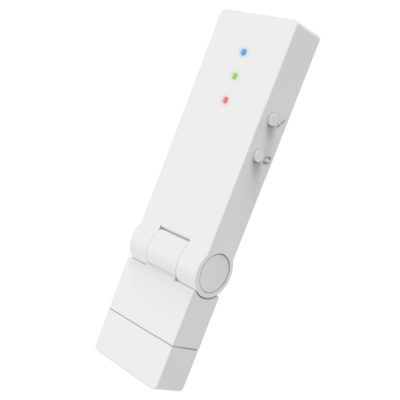 Dispositivo eletrónico branco com luzes LED e botões laterais