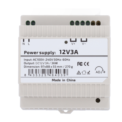Fonte de alimentação branca com etiqueta técnica e conectores na parte superior