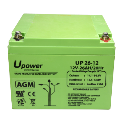 Bateria SLA AGM verde Upower UP 26-12 com texto e símbolos técnicos