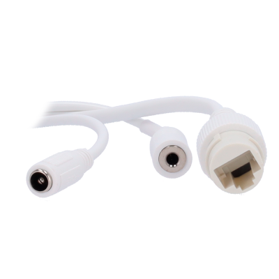 Cabo branco com três tipos de conectores, incluindo RJ45, conector DC e conector fêmea cilíndrico