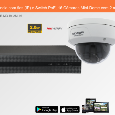 Sistema de videovigilância Hikvision com gravador preto e câmara Dome branca