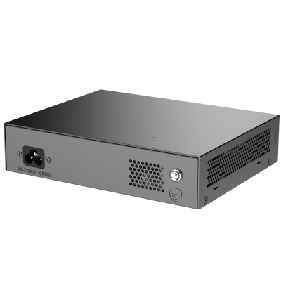 Dispositivo eletrónico preto com grelhas de ventilação e entrada de alimentação