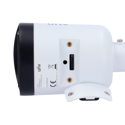 Câmara de segurança branca e preta da marca UNV com conectores e etiqueta visíveis