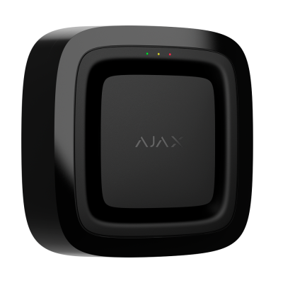 Dispositivo quadrado preto com LEDs verdes, amarelo e vermelho e texto AJAX no centro.