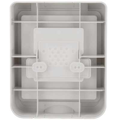 Caixa quadrada branca de plástico com divisórias internas e marcações