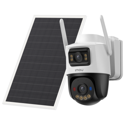 Painel solar com câmara de segurança branca e preta com antenas e lentes