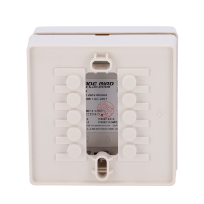 Módulo de alarme branco com botões laterais e etiqueta central