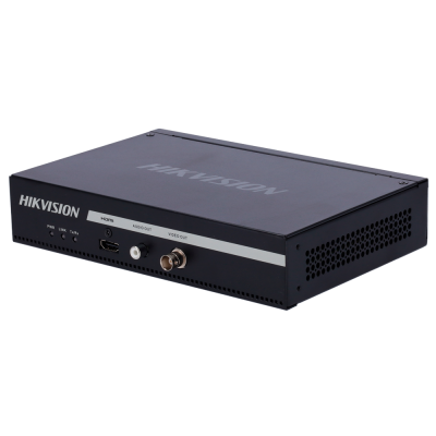 Aparelho preto HIKVISION com portas HDMI, áudio e vídeo e indicadores LED