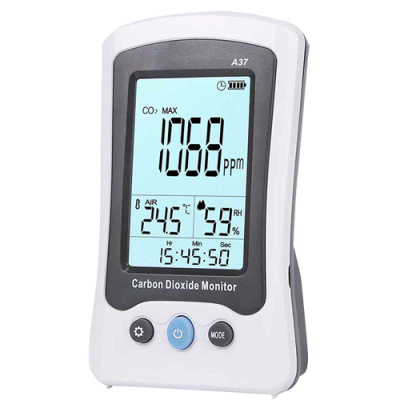 monitor digital de dióxido de carbono branco com ecrã azul e botões