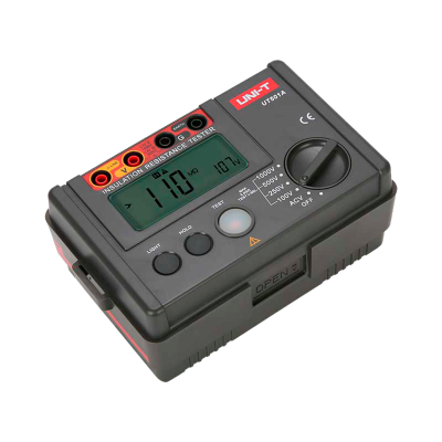 Testador de resistência de isolamento preto Uni-T UT501A com visor digital e botões