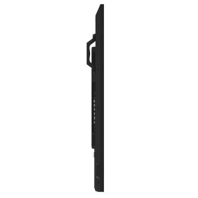 Monitor preto visto de lado com portas de ligação e pega integrada