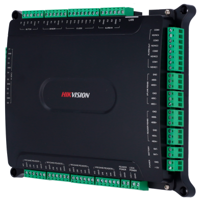 Dispositivo eletrónico preto com conectores verdes e texto HIKVISION