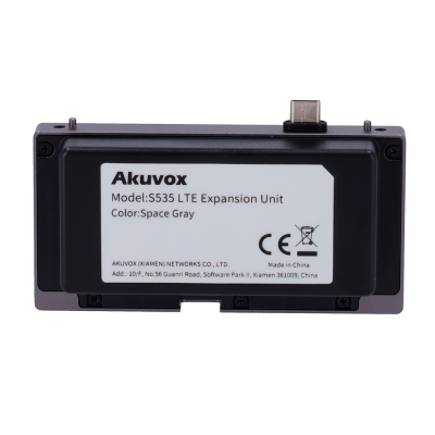 Unidade de expansão Akuvox S535 LTE cinza com etiqueta branca e conector USB-C.