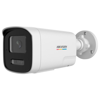 Câmara de segurança branca Hikvision com lente quadrada e suporte de fixação circular