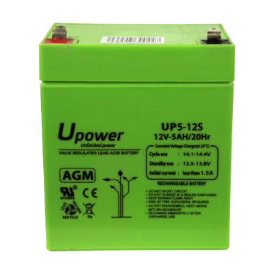 Bateria verde Upower UP5-12S 12V-5AH de chumbo-ácido com texto preto