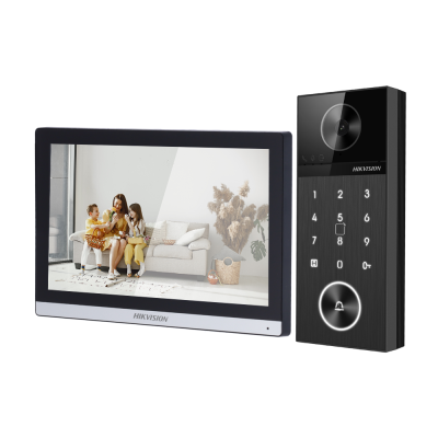 Videofone HIKVISION com monitor e unidade externa preta com teclado iluminado