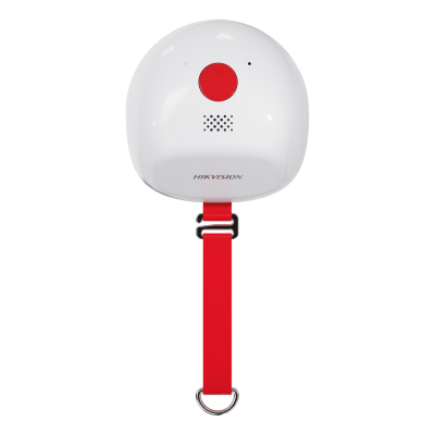 Dispositivo de alarme de emergência branco com botão vermelho e faixa vermelha ajustável.