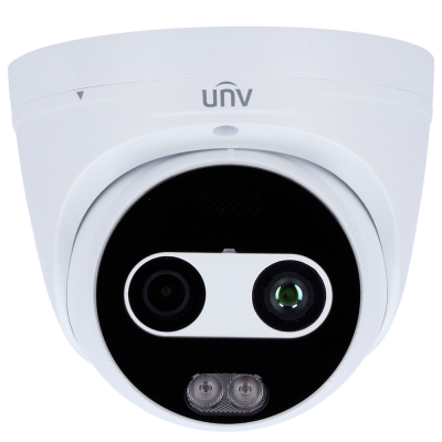 Câmara de segurança domo branca com duas lentes e luzes LED.