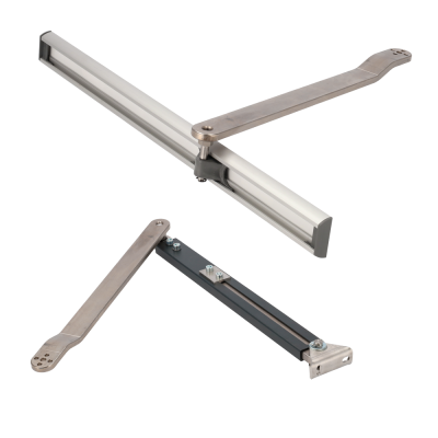 Dois braços metálicos articulados em fundo branco.