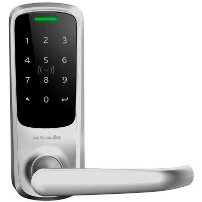 Fechadura eletrónica prateada com teclado numérico preto e alavanca.