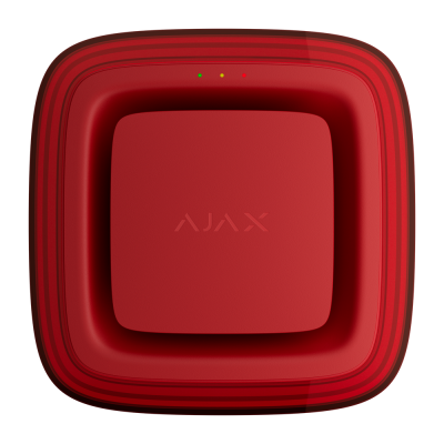 Sensor de alarme vermelho com texto AJAX e três luzes LED