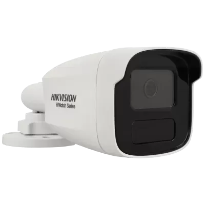 Câmara de segurança branca Hikvision HiWatch Series com lente e suporte.